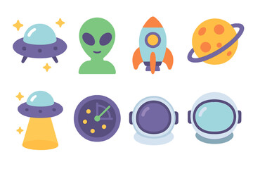 Alien Icons Adventure. Flat vector mini-illustrations alien encounter in colors children's illustrations: UFO, alien, spaceship,