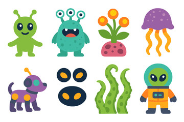 Obraz premium Alien Creature Icons. Flat vector mini-illustrations alien creatures in colors children's illustrations: friendly alien, space