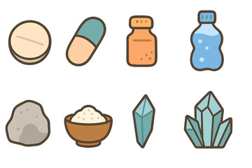 Alkaline Minerals Icons. Flat vector mini-illustrations alkaline minerals in colors children's illustrations: calcium tablet,