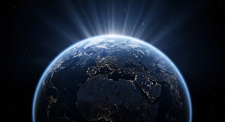 Obraz premium Planet Earth with city lights and sunlight breaking the horizon in space exploration concept art
