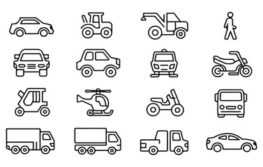 A clean collection of outlined transport icons including cars, tractor, tow truck, pedestrian, off-road vehicle, motorcycle, helicopter, forklift, bus, ATV, cargo truck, and sedan. Perfect for apps, m