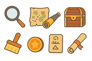 Children's Treasure Hunt Icons. Flat vector mini-illustrations treasure hunt gear in colors children's illustrations: loupe, old