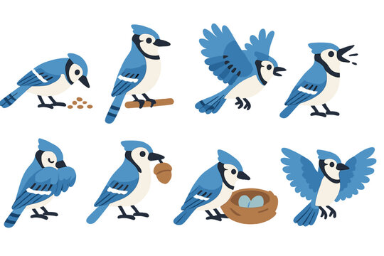 Blue Jay Behaviors. Flat vector mini-illustrations blue jay behaviors in colors children's illustrations: jay feeding, jay perched