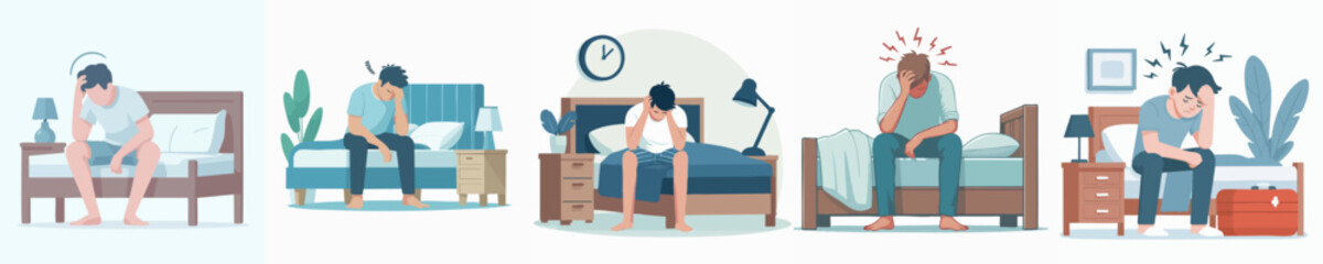 Flat Illustration of Depressed Man Sitting on Bed Feeling Sadness Concept