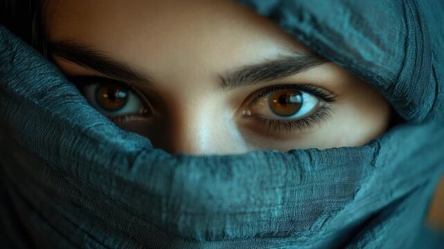 Close-up of woman's face, looking forward with hijab over her mouth and eyes. Middle Eastern or Islamic attire, portrait orientation.