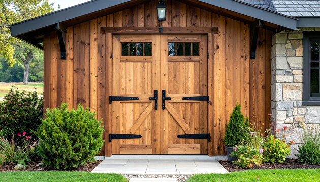 A rustic barn style front door made of weathered wood with black iron hinges in a countryside home
 - Powered by Adobe