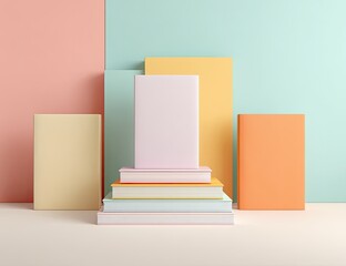 Pastel books stacked on display, colorful backdrop, design presentation
