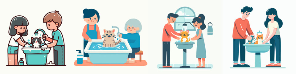Cute Cartoon Illustration Diverse People Giving Bath to Adorable Cats