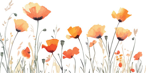Vibrant watercolor painting of delicate orange poppies blooming in a field with soft green stems and leaves