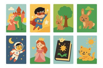 Naklejka premium Children's Cover Icons. Flat vector mini-illustrations cover illustrations for kids in colors children's illustrations: fairy tale