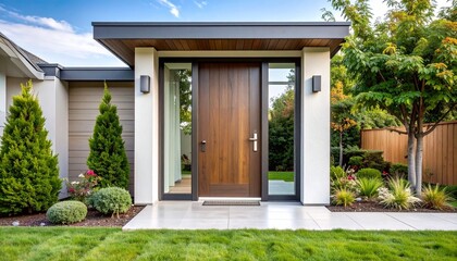 Fototapeta premium A sleek minimalist front door with frosted glass panel in a modern suburban house 