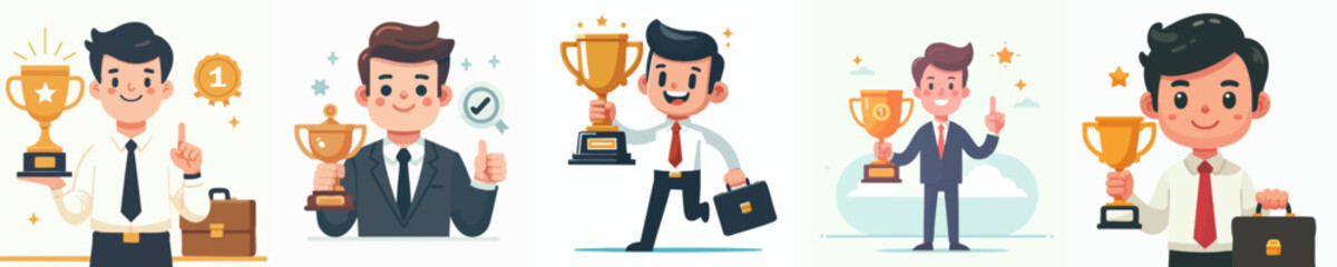 Cheerful Cartoon Businessman Holding Trophy Illustration Set Achievement Concept