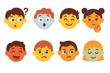 Children's Emotion Icons. Flat vector mini-illustrations map emotions in colors children's illustrations: curious face, surprised
