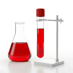 Vibrant red liquid in scientific laboratory glassware, a classic beaker and test tube, representing research and discovery.