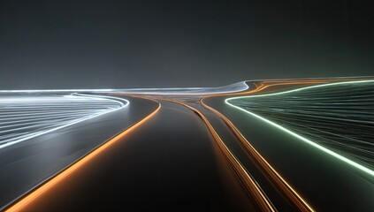 Obraz premium Futuristic road junction with glowing light trails in dark environment