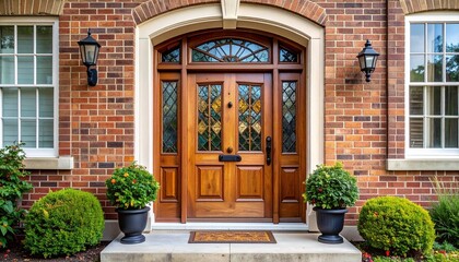 A grand double wooden front door with arch top and ornate ironwork in a Mediterranean villa
