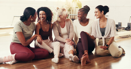 Happy, group and women on floor for yoga exercise, pilates and wellness together Friends, trainer...