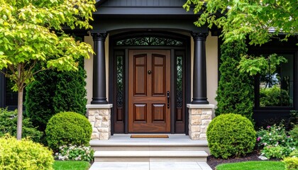 A dark wooden front door with carved details framed by stone pillars and greenery

