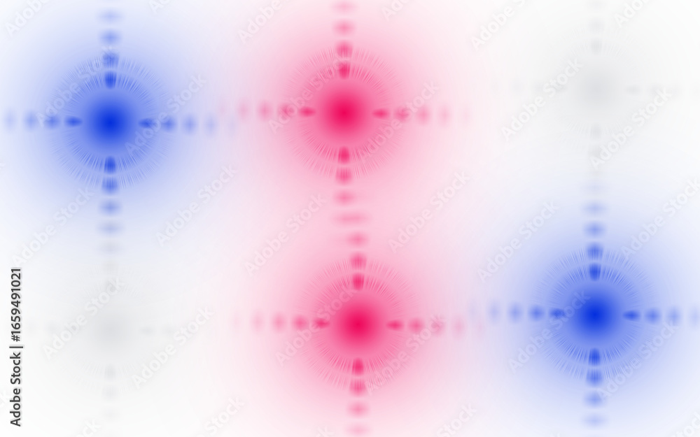 Poster minimalist abstract composition with glowing pink and blue light sources arranged in geometric rows 