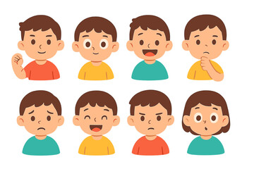 Children's Expressive Faces. Flat vector mini-illustrations quest emotions in colors children's illustrations: brave child,