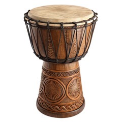 Traditional djembe drum with intricate carvings isolated on transparent background