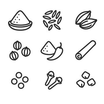 Curry Spice Icons. Outline icon set of curry spices: turmeric, cumin, coriander, cardamom, chili powder, cinnamon stick, mustard