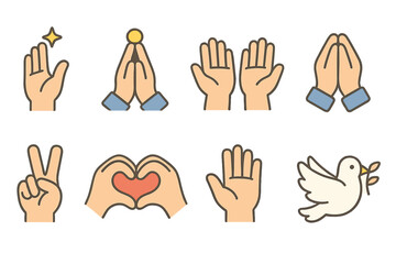 Fototapeta premium Divine Hand Gestures. Flat vector mini-illustrations divine gestures in colors children's illustrations: blessing hand, praying