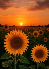 Obraz premium Sunflowers glowing under sunset.
