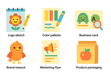 Fototapeta premium Child-Friendly Branding Icons. Flat vector mini-illustrations Corporate branding and marketing in colors children's illustrations: