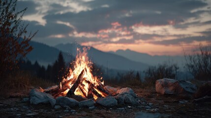 Naklejka premium A cozy campfire burns brightly against the backdrop of a serene mountain sunset, creating a peaceful and inviting ambiance.