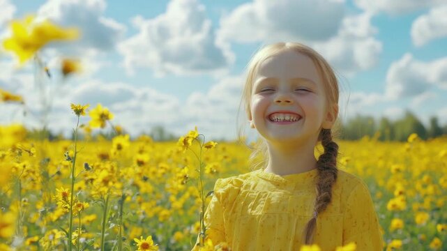 Smiling young girl with braided hair amidst bright yellow flowers, conveying a sense of joy and the beauty of nature.