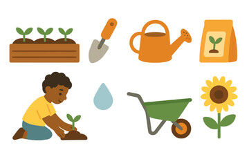 Children's Garden Workshop. Flat vector mini-illustrations community garden workshop in colors children's illustrations: garden