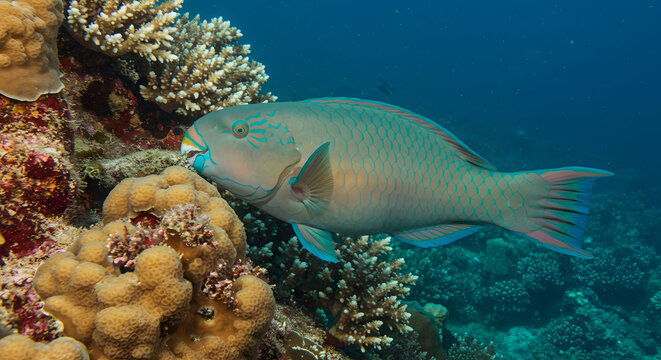 Vibrant Parrotfish Nibbling Coral Underwater