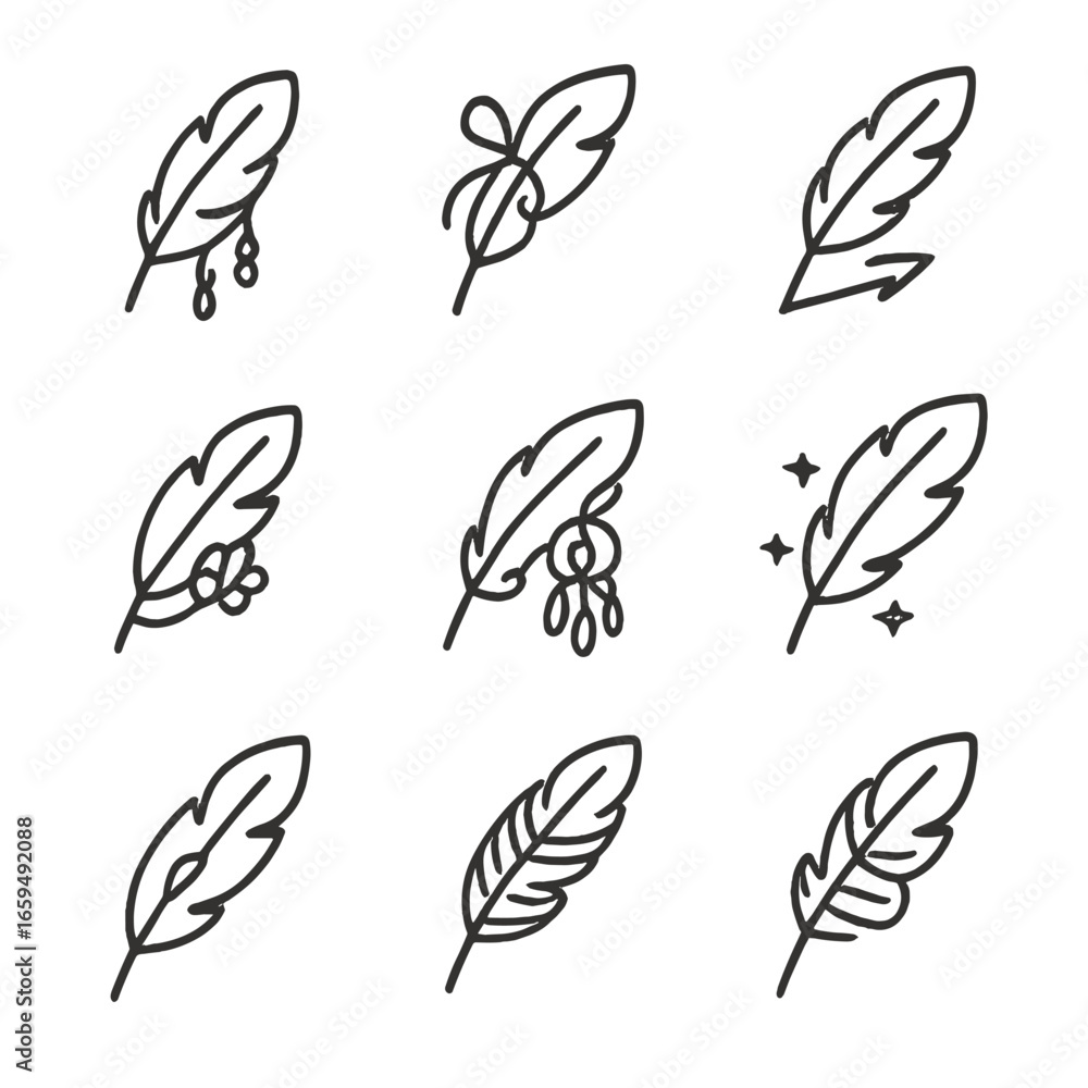 Aufkleber feather motif icons. outline icon set of feather motifs: feather with beads, feather with ribbon, fe
