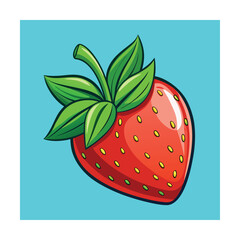 Red strawberry with green leaves and seeds on blue background