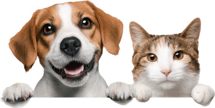 Adorable beagle dog and tabby cat peeking over a surface together showing friendship Watercolor PNG