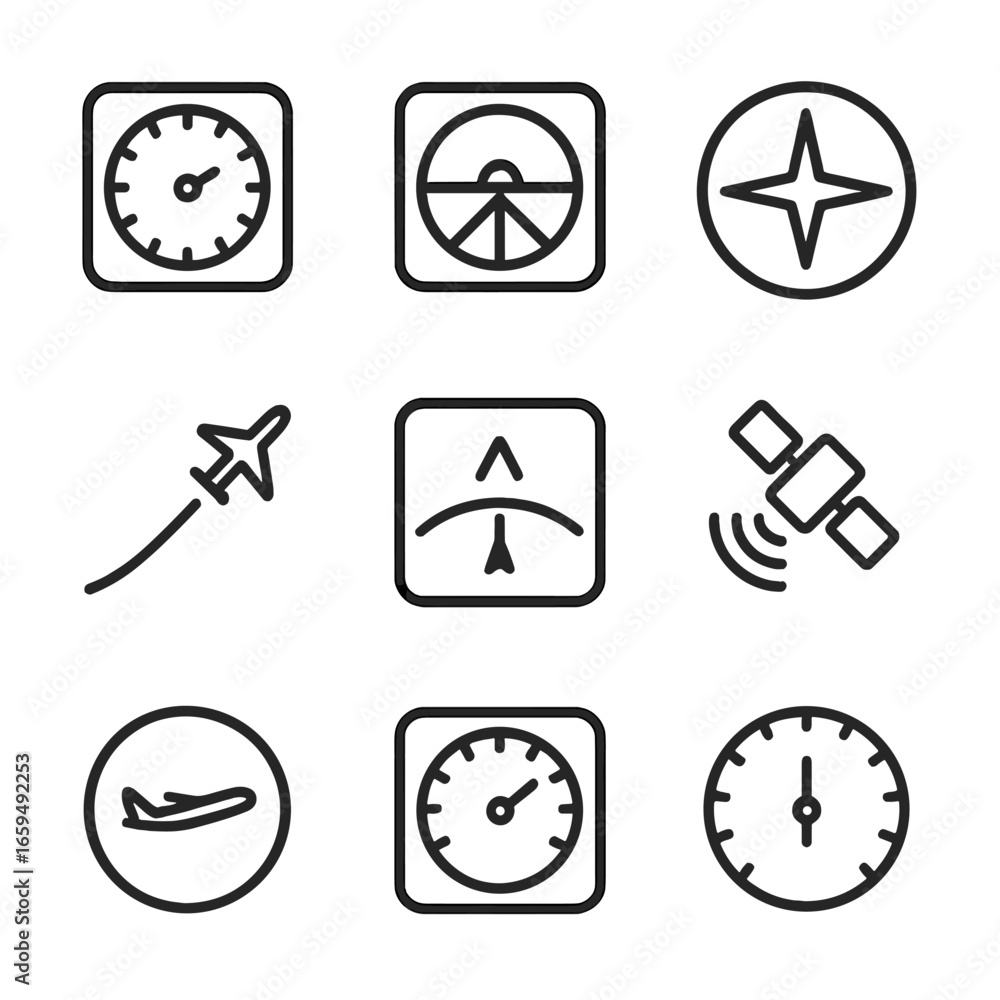 Aufkleber flight instruments icons. outline icon set of flight instruments: altimeter, artificial horizon, com