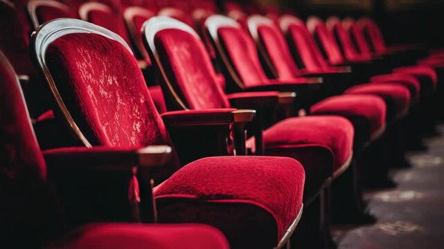 A row of red chairs are empty in a theater. The chairs are arranged in rows, with some chairs facing the stage and others facing the audience