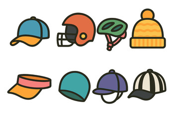 Children's Sports Hats. Flat vector mini-illustrations sports hats in colors children's illustrations: baseball cap, football