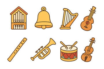 Church Instrument Icons. Flat vector mini-illustrations church musical instruments in colors children's illustrations: organ, bell