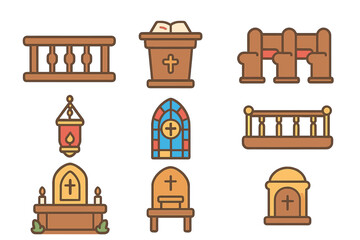Obraz premium Church Elements Icons. Flat vector mini-illustrations liturgy church elements in colors children's illustrations: altar rail,