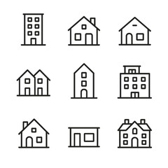 Fototapeta premium Housing Types Icons. Outline icon set of housing types: apartment, villa, bungalow, duplex, townhouse, penthouse, cottage, studio,