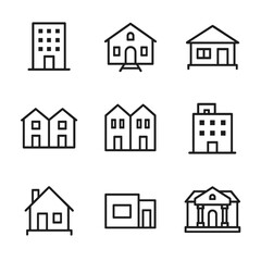 Fototapeta premium Housing Types Icons. Outline icon set of housing types: apartment, villa, bungalow, duplex, townhouse, penthouse, cottage, studio,