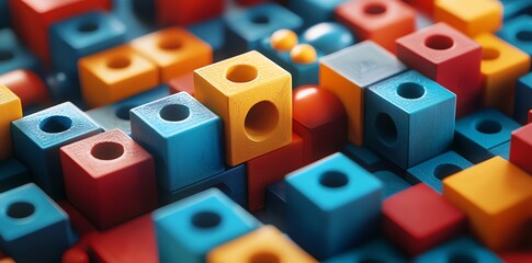 Colorful Wooden Blocks with Circular Holes in Bright Red Blue Yellow and Orange for Kids Play and Education