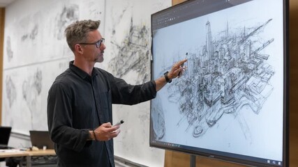Architectural Presentation: An architect presents an intricate architectural design on a digital display, showcasing meticulous details with a sense of expertise and creative vision.