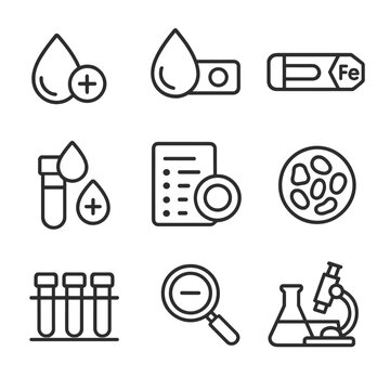 Iron Testing Icons. Outline icon set of iron testing methods: blood test, hemoglobin check, ferritin level, transferrin saturation