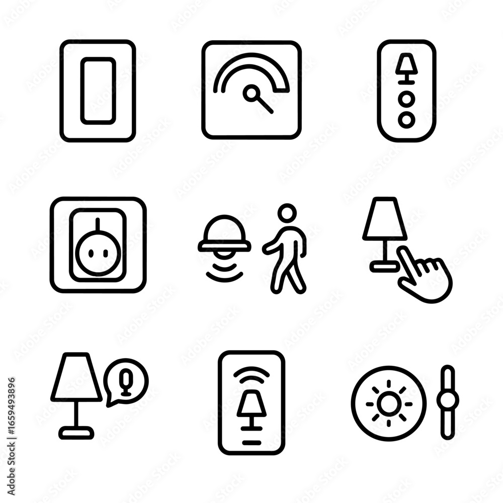 Poster lamp controls icons. outline icon set of lamp controls: switch, dimmer, remote control, timer, motio