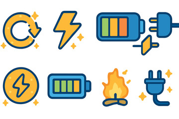 Colorful Charging Icons. Flat vector mini-illustrations charging status in colors children's illustrations: full battery, low