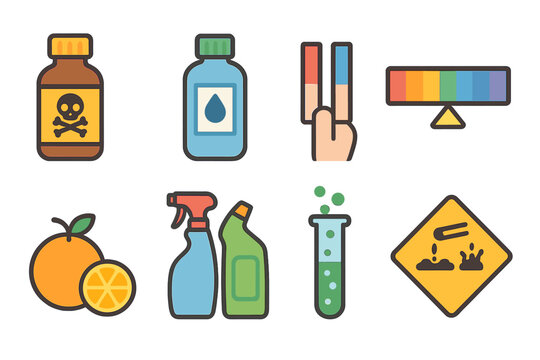 Colorful Chemistry Icons. Flat vector mini-illustrations acids and bases in colors children's illustrations: hydrochloric acid