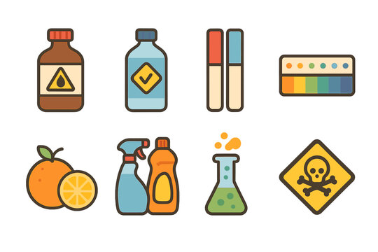 Colorful Chemistry Icons. Flat vector mini-illustrations acids and bases in colors children's illustrations: hydrochloric acid